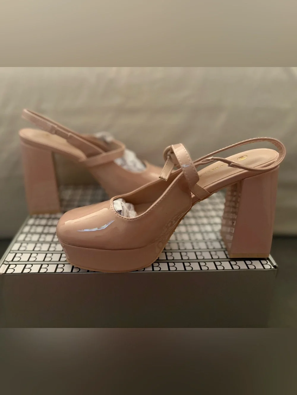 Newbella Women’s Classic Patent Slingback Square-Toe Platform Pumps in Beige 6